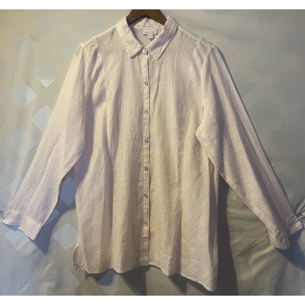 J. JILL LOVE LINEN Pink & White Striped Button up Blouse Tunic L Indie 90's Prep